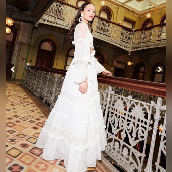 PatBo White Cutout Lace-Trim Linen V-Neck Maxi Dress – Women’s Designer Dress - Picture 5 of 16